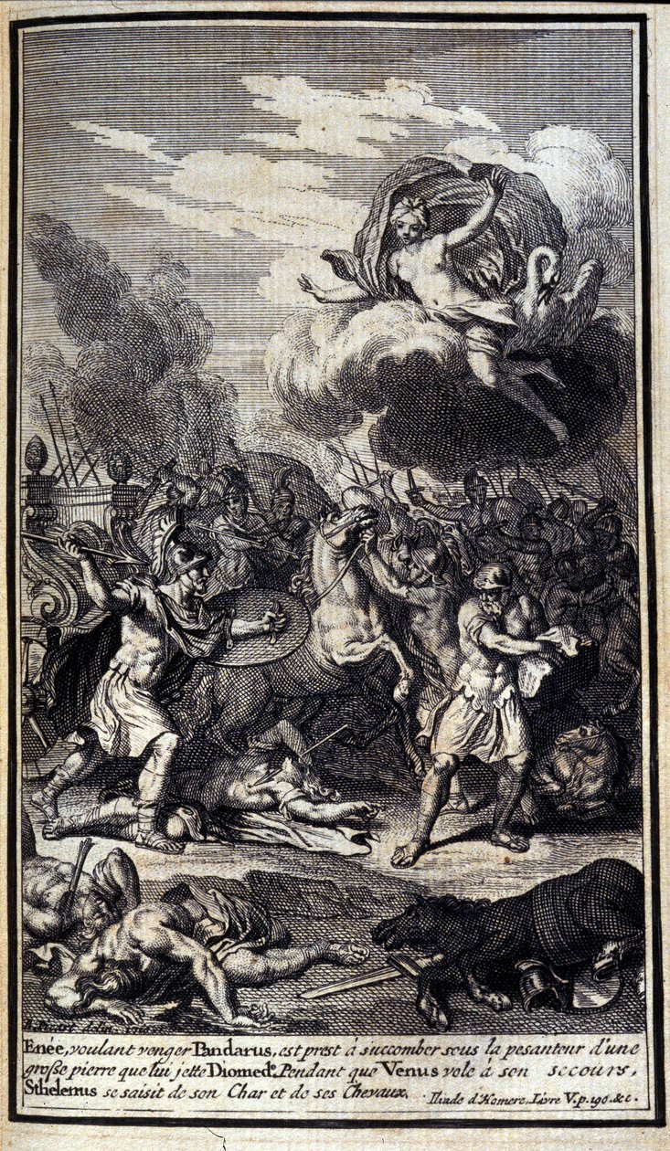 Enee, die Pandaros wil wreken, staat op het punt te bezwijken onder het gewicht van een grote steen die Diomede gooit. Terwijl Venus hem te hulp schiet, grijpt Sthelenos zijn wagen en paarden. Illustratie van boek V van de Ilias van Homerus, Franse editie door Unknown artist