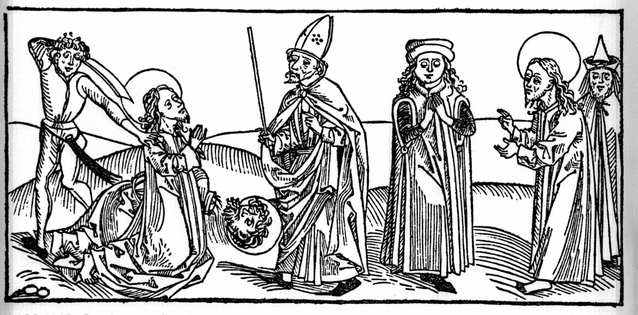Episode uit het leven van Sint Jacobus de Meerdere: de heilige wordt onthoofd onder het oog van Herodes Agrippa, koning van Judea. Gravure uit 