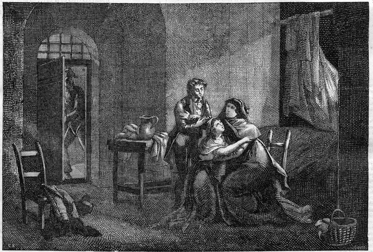 Eugène en Hortense Beauharnais troosten hun moeder Joséphine de Beauharnais in zijn gevangenis (Prison des Carmes) door Unknown artist