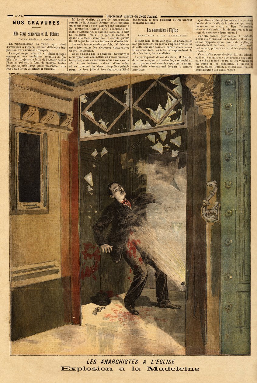 Explosie in de kerk van La Madeleine in Parijs, de anarchistische crimineel, het enige slachtoffer, heeft de gevolgen van zijn eigen bom. Gravure in "Le petit journal" 26/03/1894. Selva