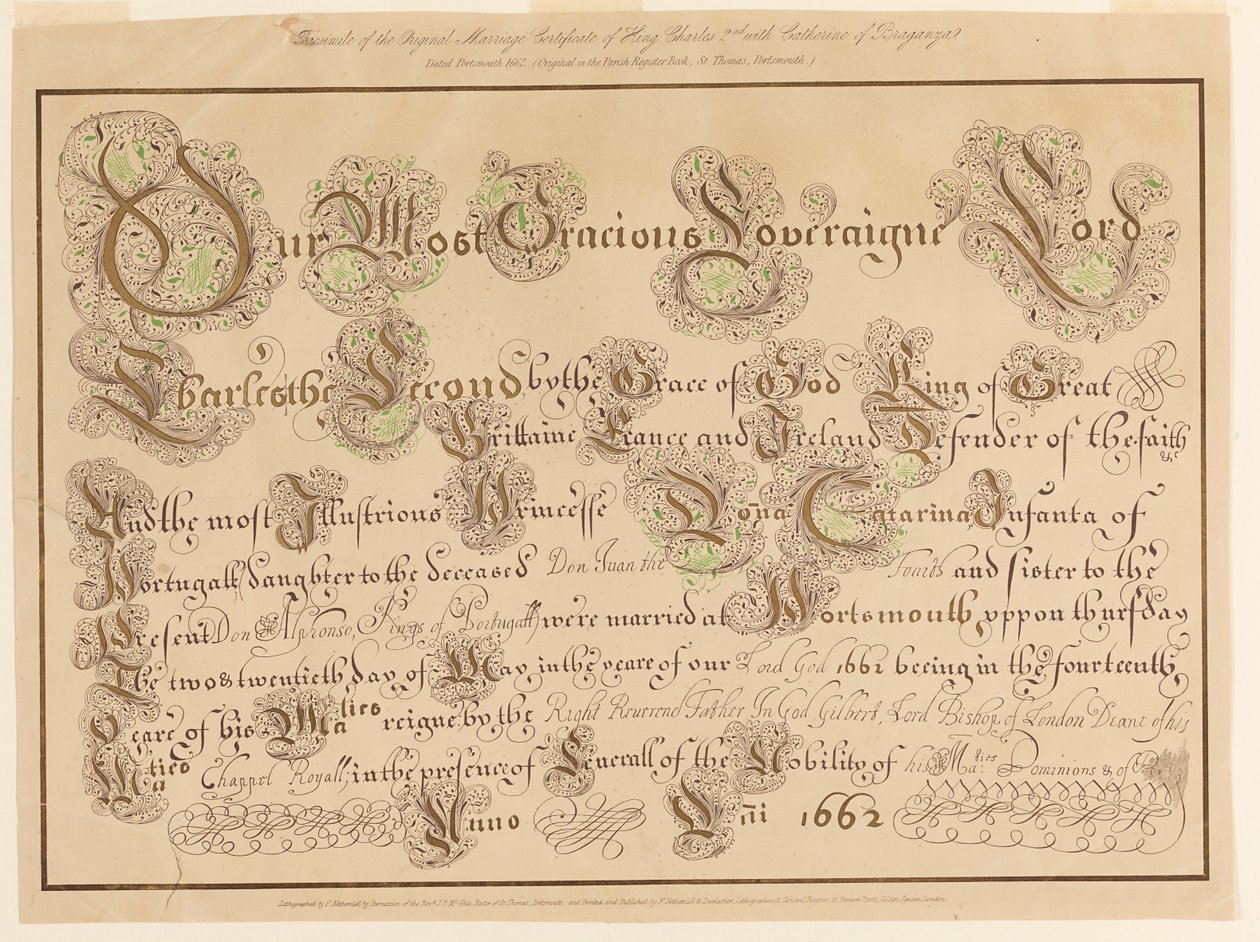 Facsimile van het originele huwelijkscertificaat van Karel II en Catharina van Portugal door Unknown artist