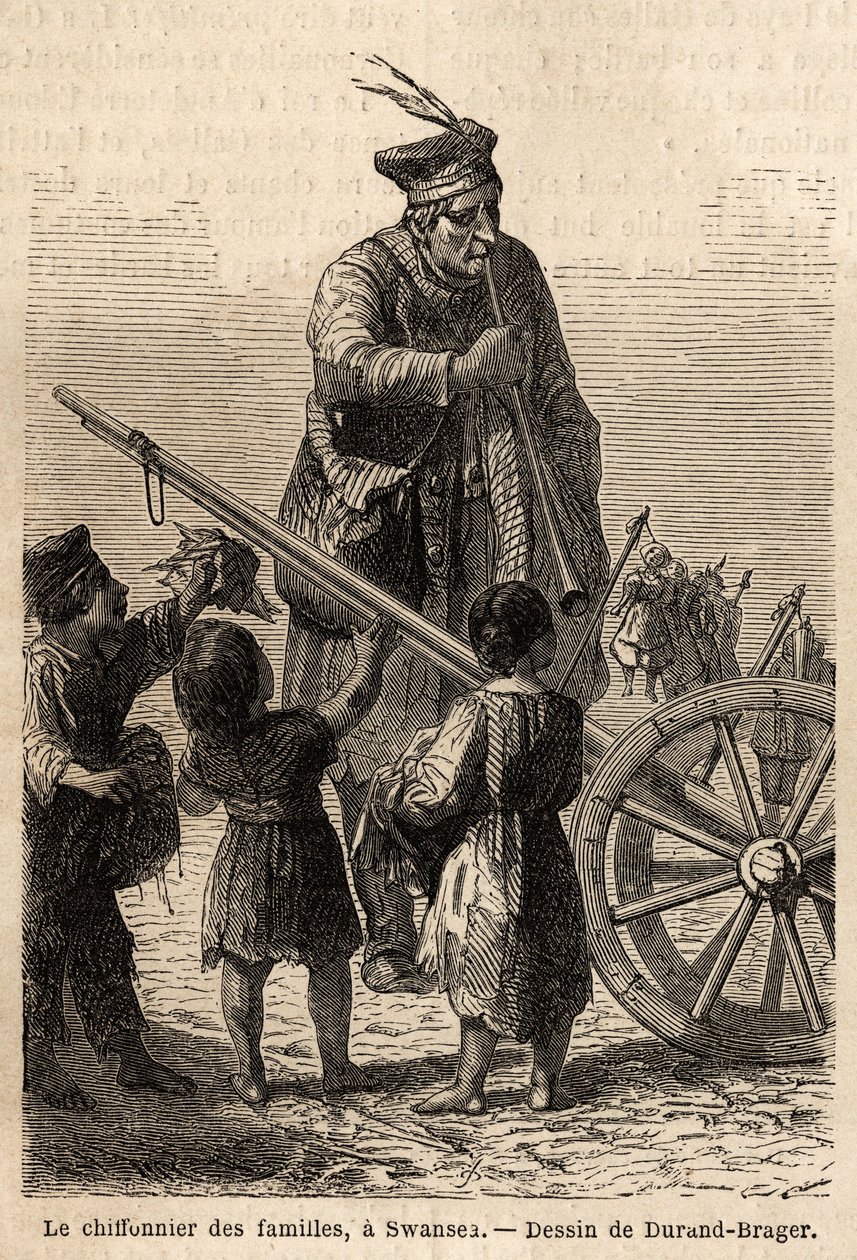 Familieruzie in Swansea. Tekening door Durand Brager, ter illustratie van een bezoek aan de grote fabrieken in Wales in 1862, door L. Simonin. Gravure in 