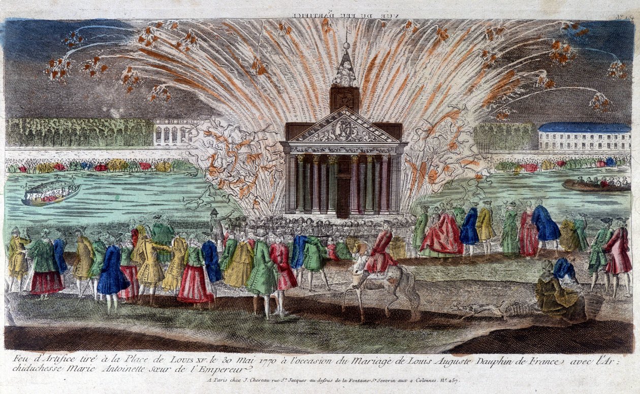 Vuurwerk afgevuurd op Place de Louis XV op 30 mei 1770, ter gelegenheid van het huwelijk van Louis Auguste, Dauphin van Frankrijk met aartshertogin Marie Antoinette door Unknown artist