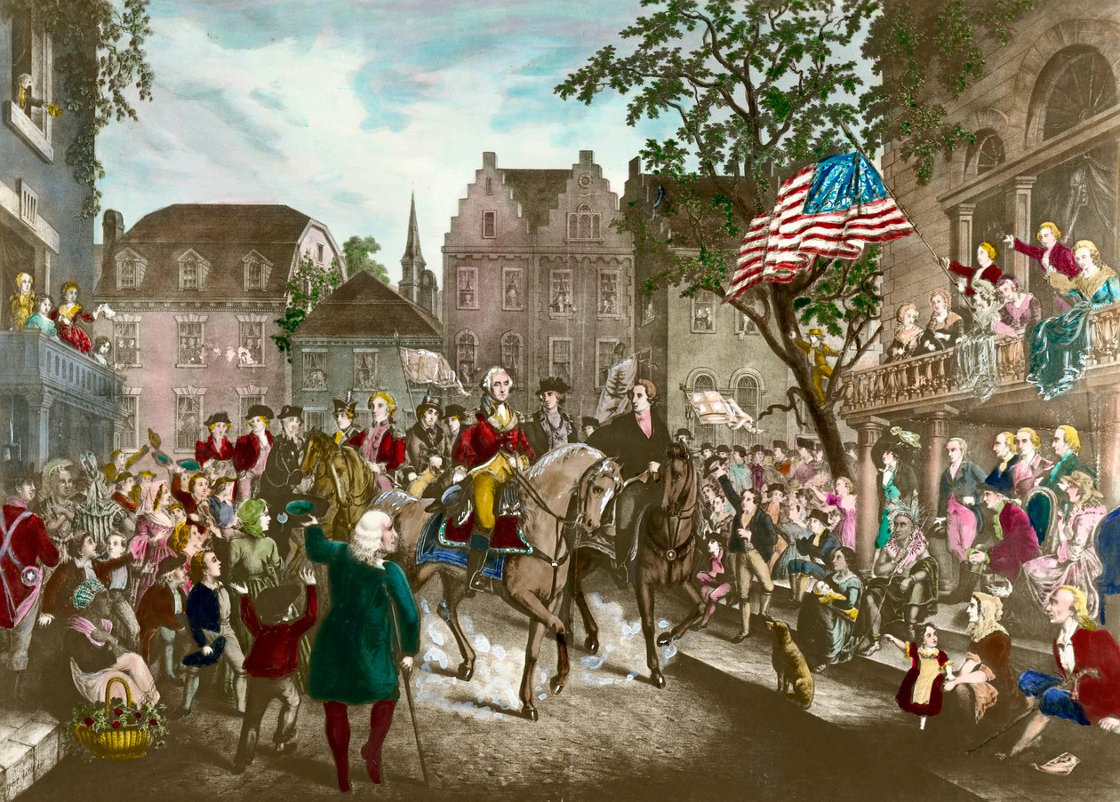 Begin van de Amerikaanse Onafhankelijkheidsoorlog: George Washington triomfantelijke intocht in New York na de Engelse nederlaag door Unknown artist