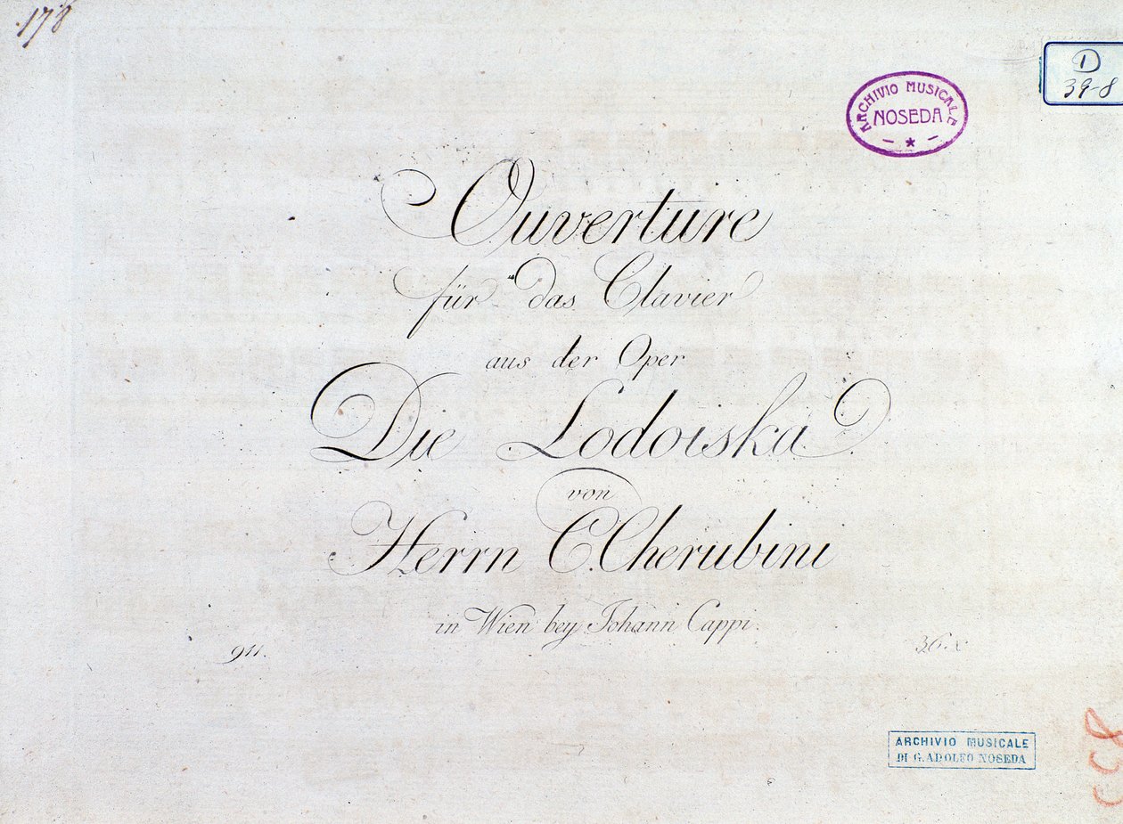 Eerste pagina van de muzikale partituur van ouverture voor pianoforte uit de "Lodoiska" opera door Luigi Cherubini door Unknown artist