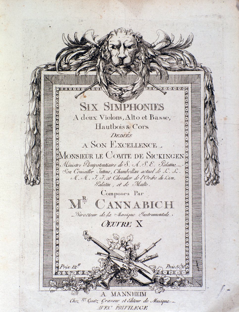 Eerste pagina van bladmuziek van de symfonie nr. 3 door Christian Cannabich door Unknown artist