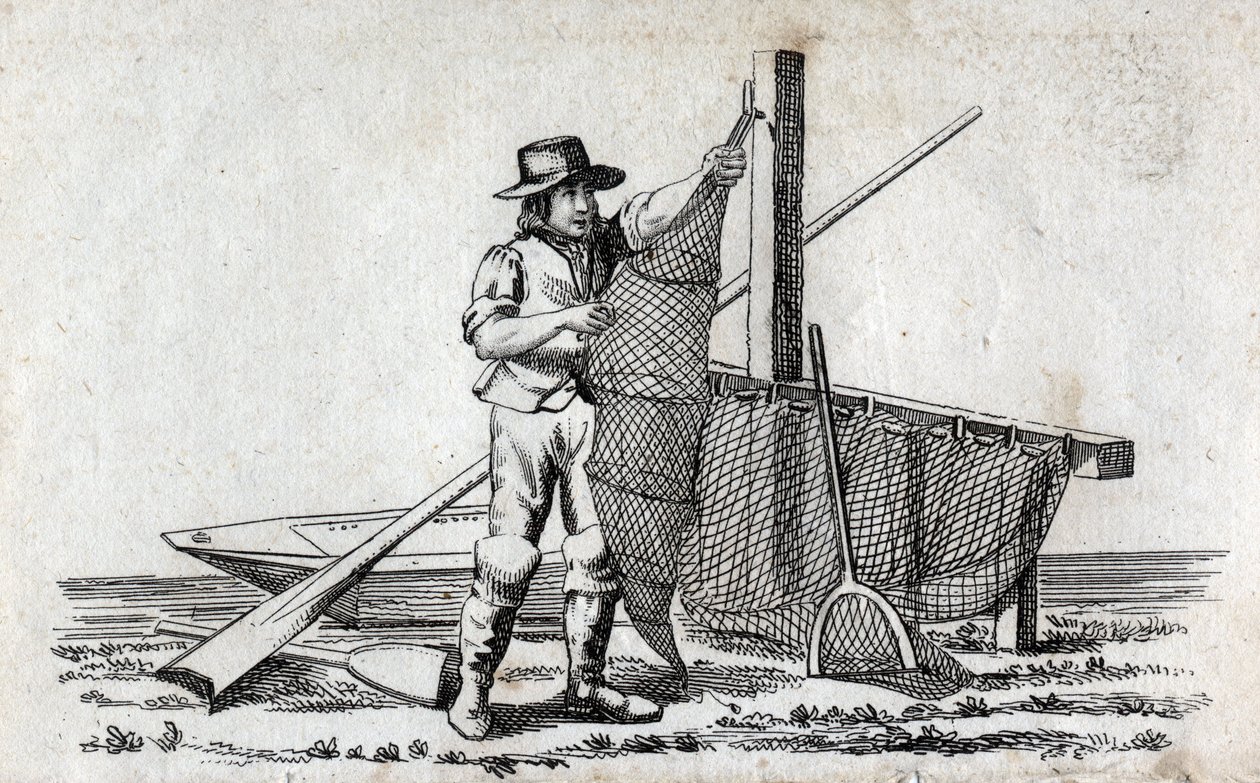 Visser en visnet. Fijne gravure van de 18e eeuw. Privécollectie. door Unknown artist