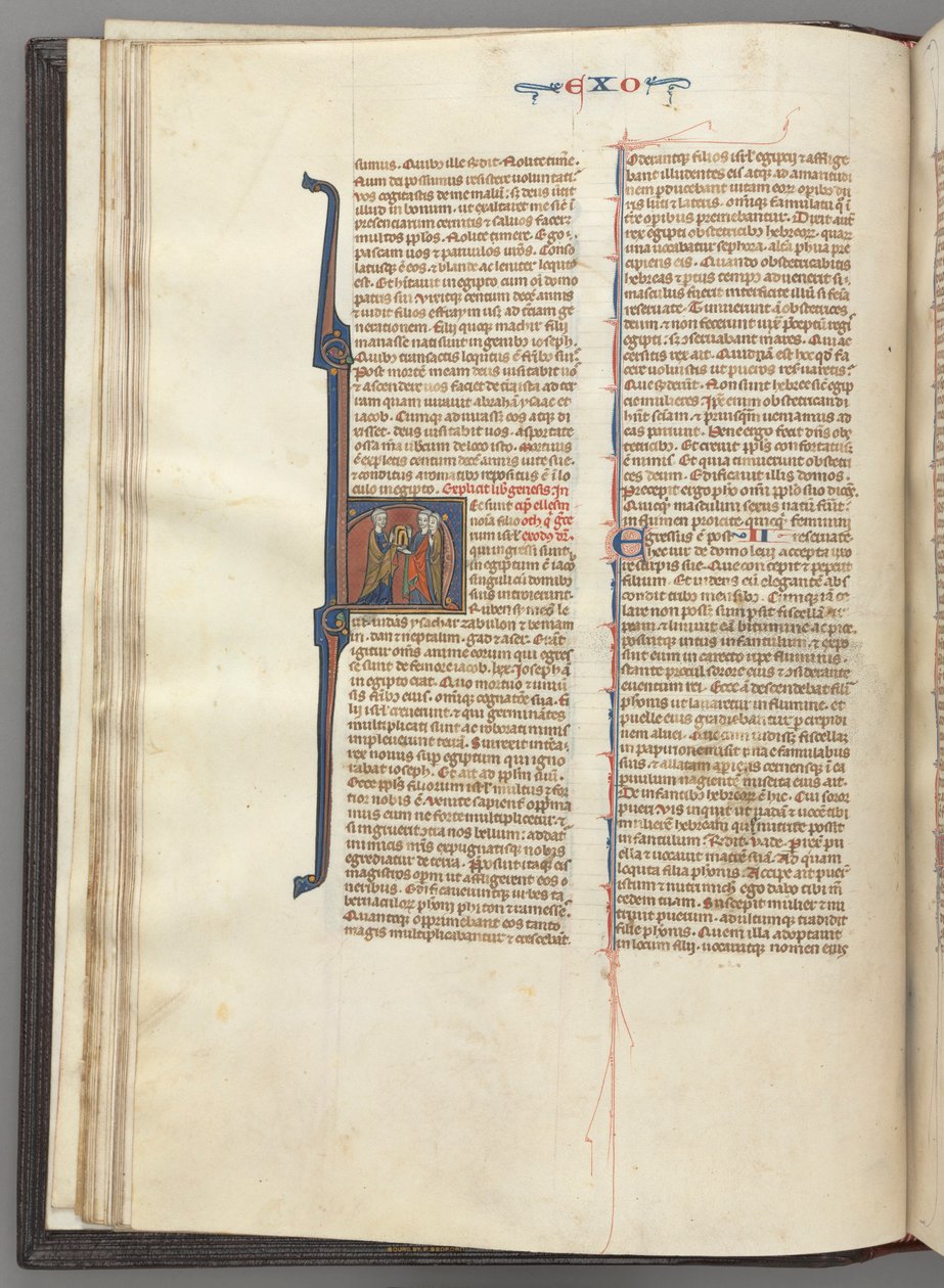 Fol. 20v, Exodus, met initiaal H, Mozes en twee volgelingen met de tafelen der wet door Unknown artist