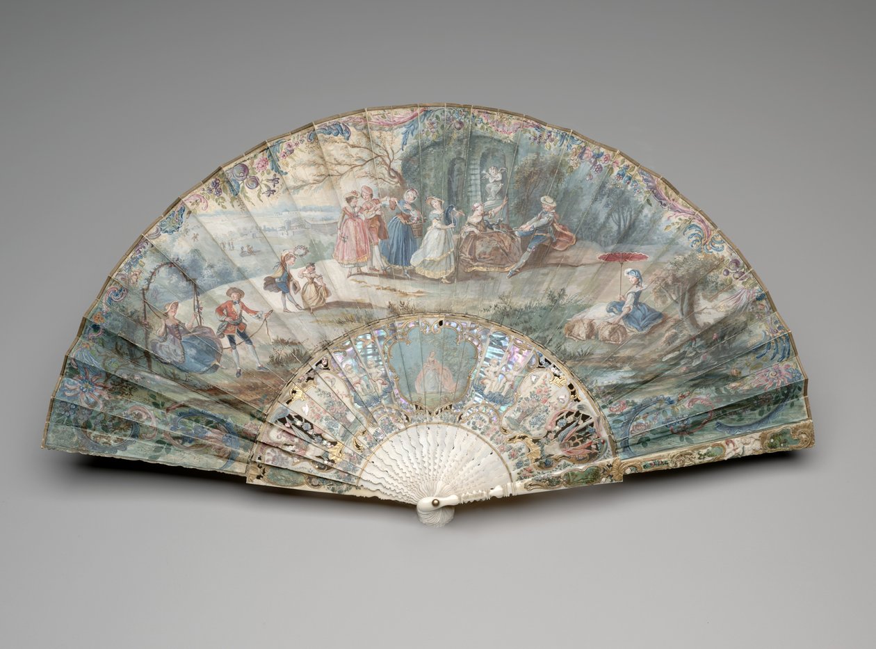 Vouwwaaier met een pastorale scène, ca. 1740-50 door Unknown artist