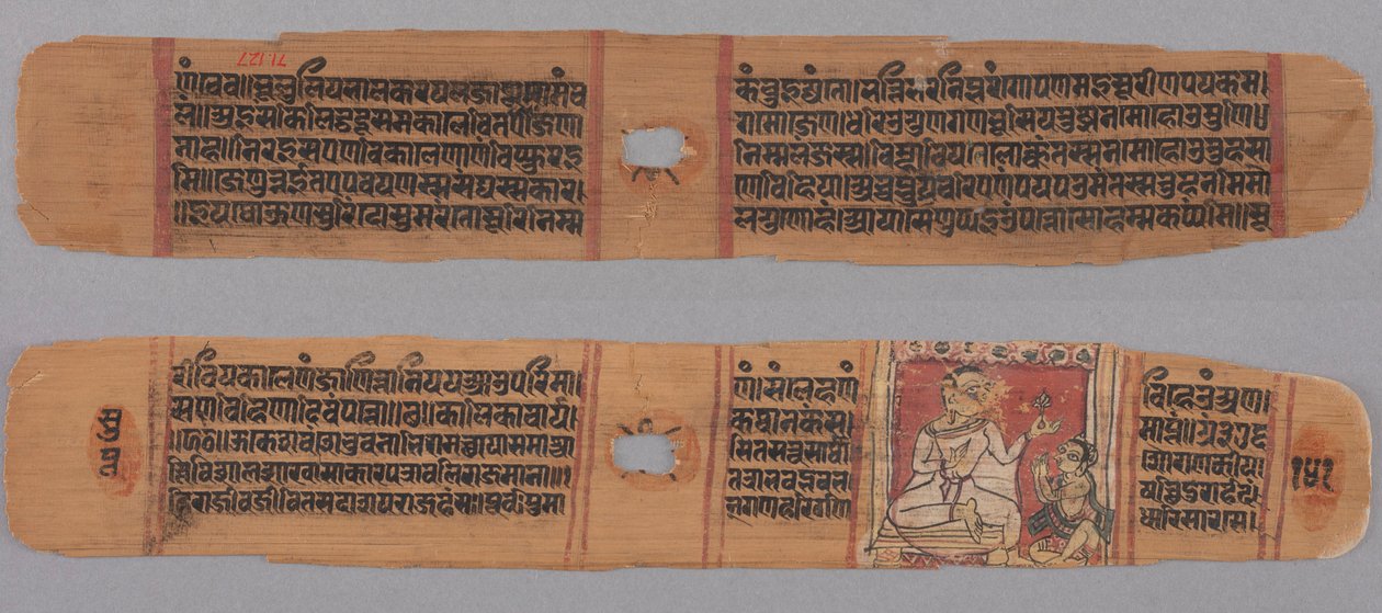 Folio 141, uit een Kalpa-soetra en verhaal van Kalakacharya: Tekst (recto); Monnik die een bloem vasthoudt vereerd door een lekendiscipel (verso) door Unknown artist