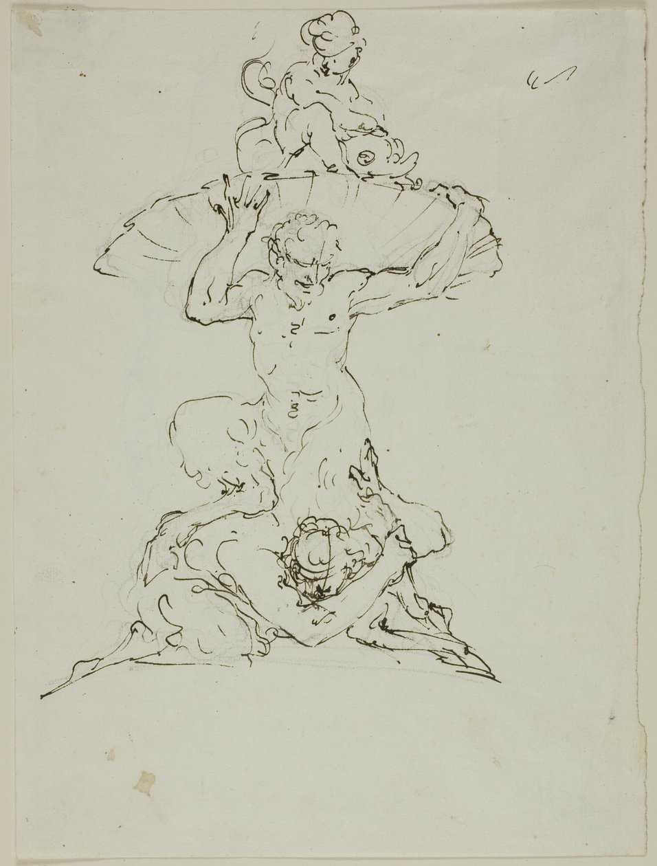 Fontein met sater en putto (recto); Punchinello (verso) door Unknown artist