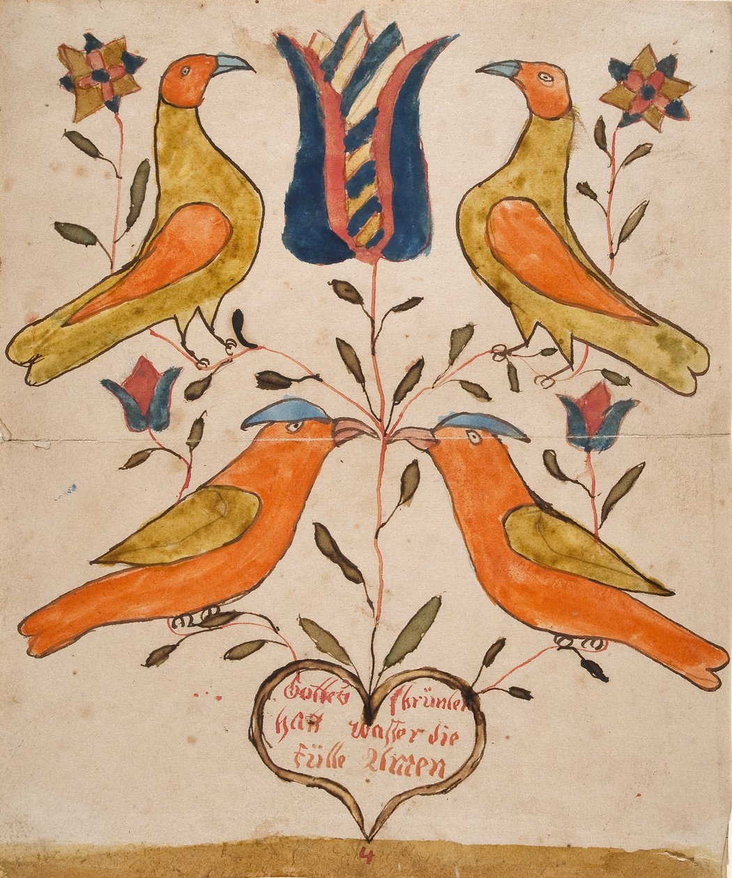 Vier vogels, tulp en hart door Unknown artist