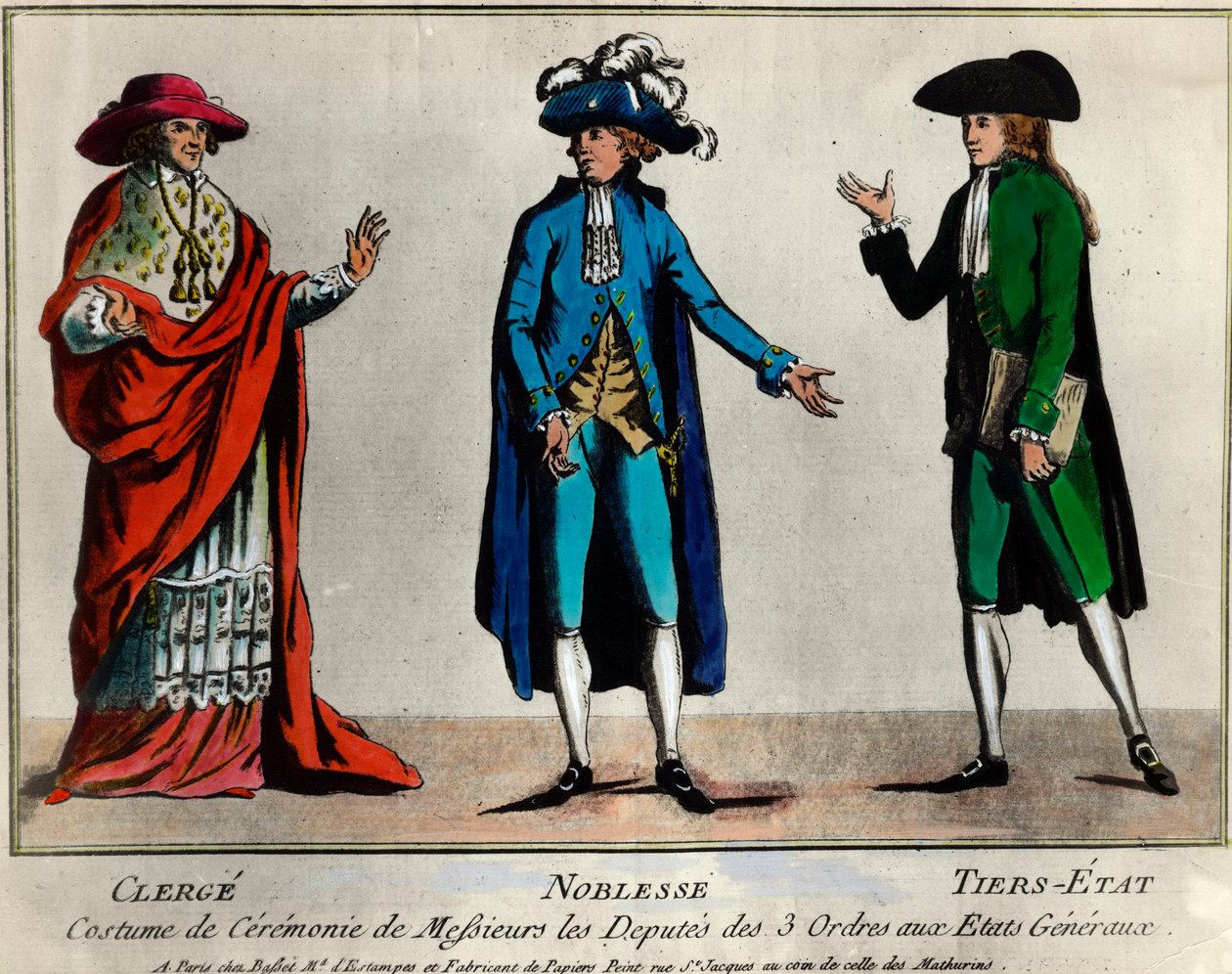 Franse Revolutie: voorstelling van de afgevaardigden van de drie standen in de Staten-Generaal in ceremonieel kostuum: de geestelijkheid, de adel en de derde stand (Derde Stand). Prent uit het einde van de 18e eeuw Privécollectie door Unknown artist