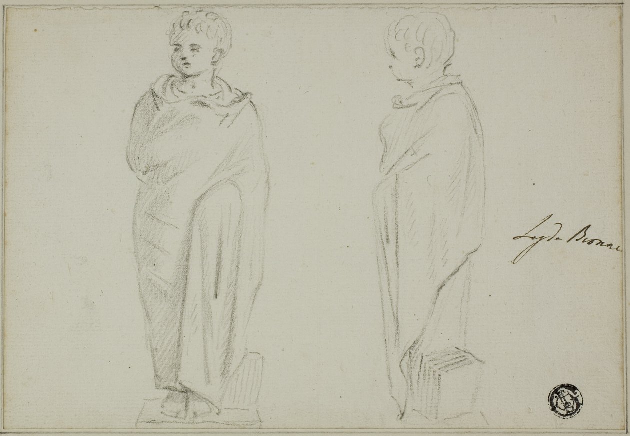 Voor- en zijaanzichten van standbeeld van jongen gekleed in toga door Unknown artist