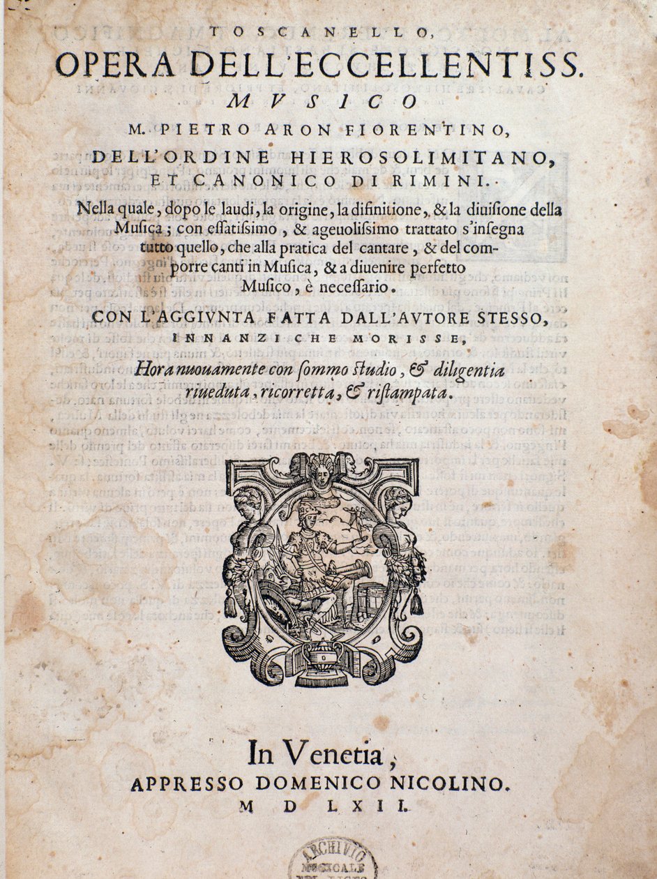 Frontispice van Toscanello in musica door Pietro Aron door Unknown artist
