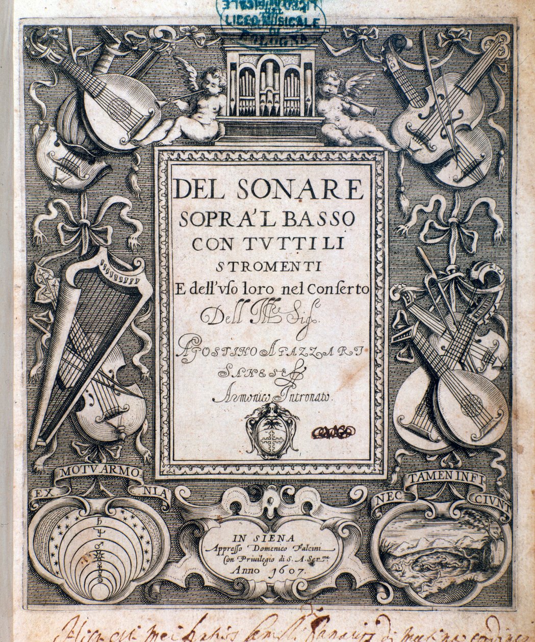Frontispice van del sonare sopra il basso door Agostino Agazzari door Unknown artist