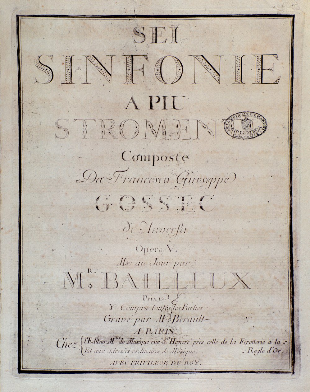 Frontispice van de partituur voor Sei sinfonie a piu strumenti op. 5 (eerste symfonie) door Francois Joseph Gossec door Unknown artist
