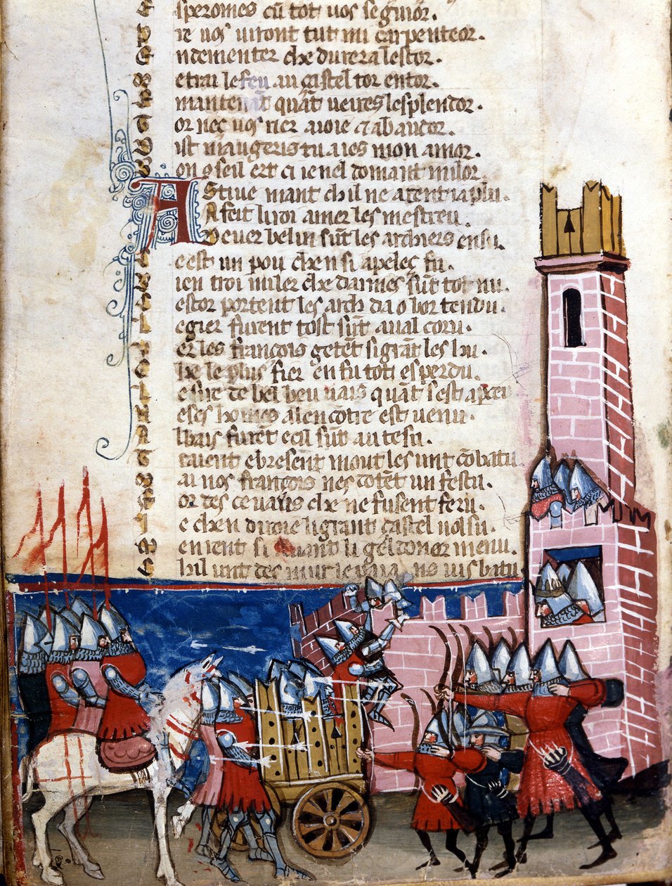 Heldendicht: slagveld bij een versterkte stad. Troepen van Karel de Grote (742-814) vochten tegen de Moren van Spanje. Miniatuur uit het Frans-Italiaanse manuscript "Entree d