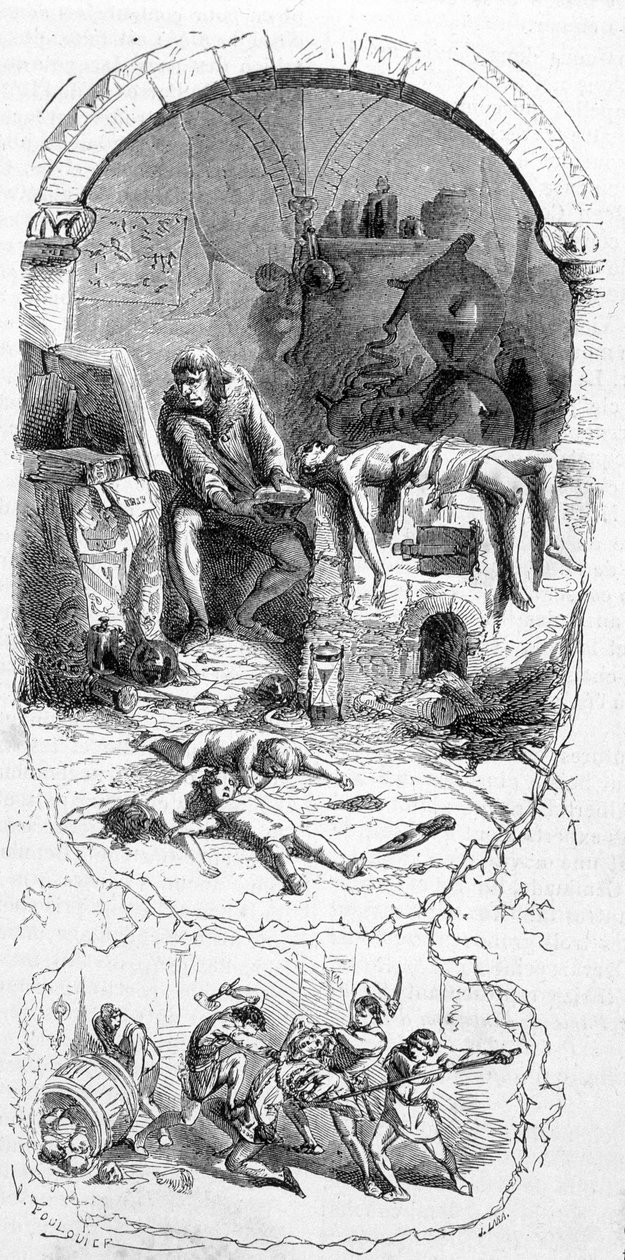 Gilles de Rais (Retz of Rays) (1404-1440) in situatie: de tovenaars kochten voor hun magische operaties doodgeboren kinderen (15e eeuw) - gravure, n.d. door Unknown artist