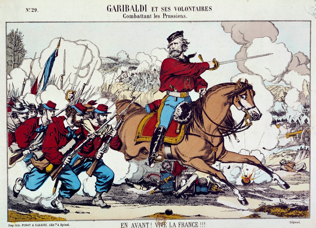 Giuseppe Garibaldi vecht met zijn vrijwilligers tegen de Pruisen. 