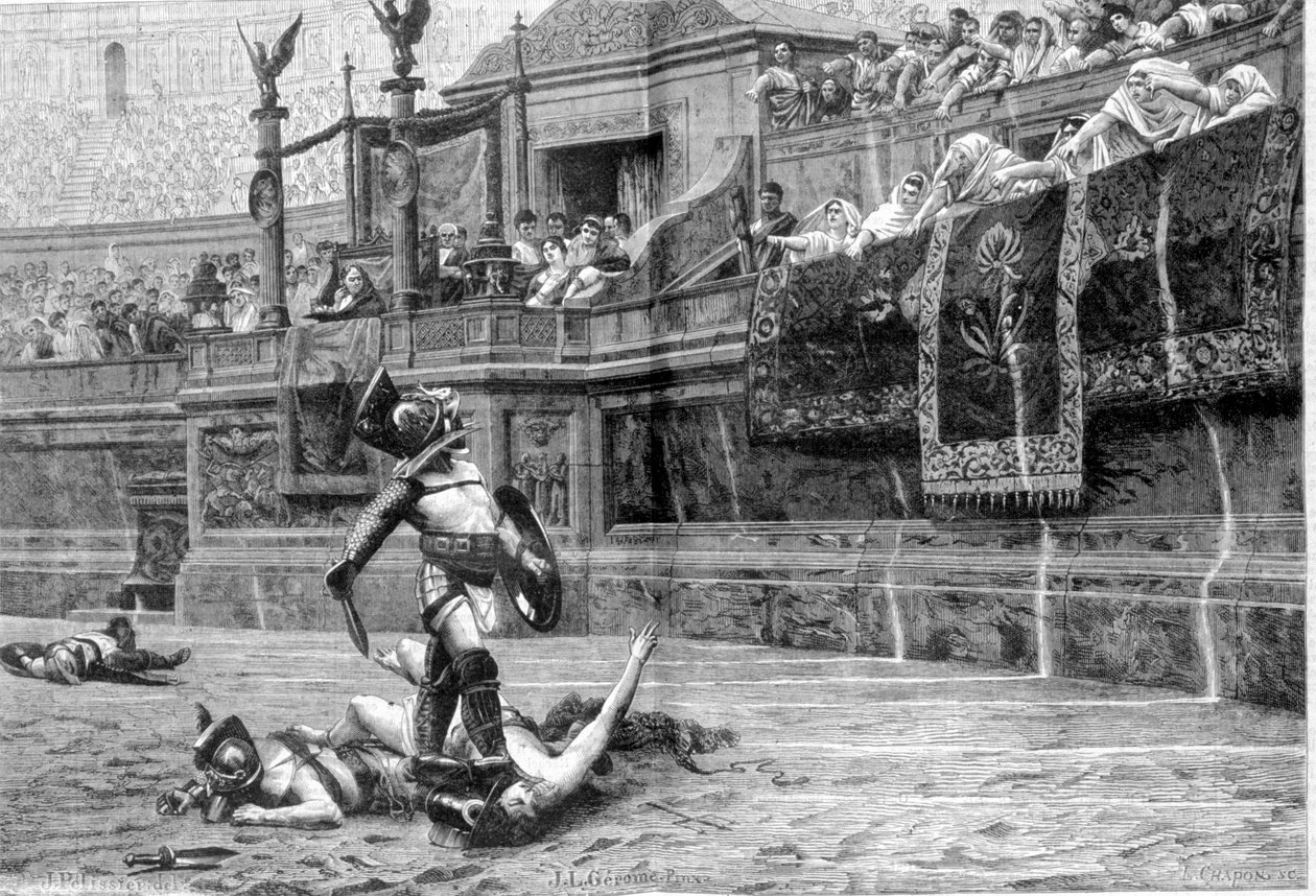 Gladiatorengevecht in de Romeinse tijd naar het schilderij van J L Gerome door Unknown artist