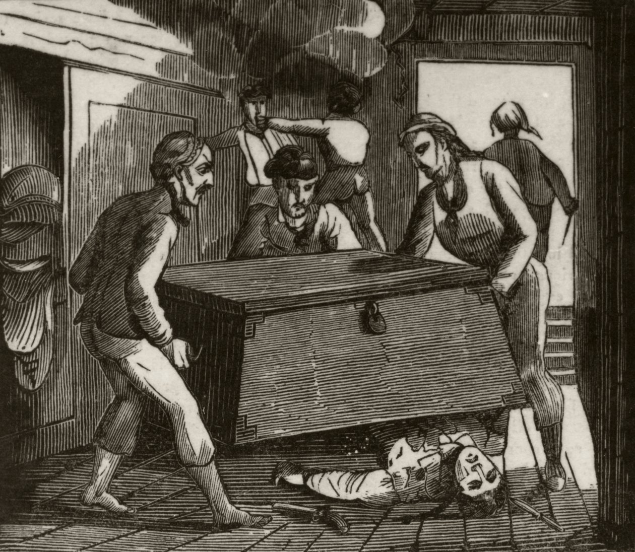 Gordon en zijn metgezellen drukken de Franse kapitein dood met een grote kist, ca.1836 door Unknown artist