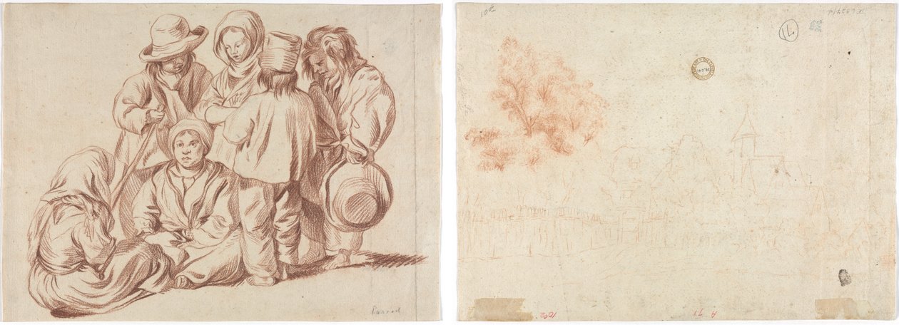 Groep van zes kinderen (recto); Schets van een dorp (verso) door Unknown artist