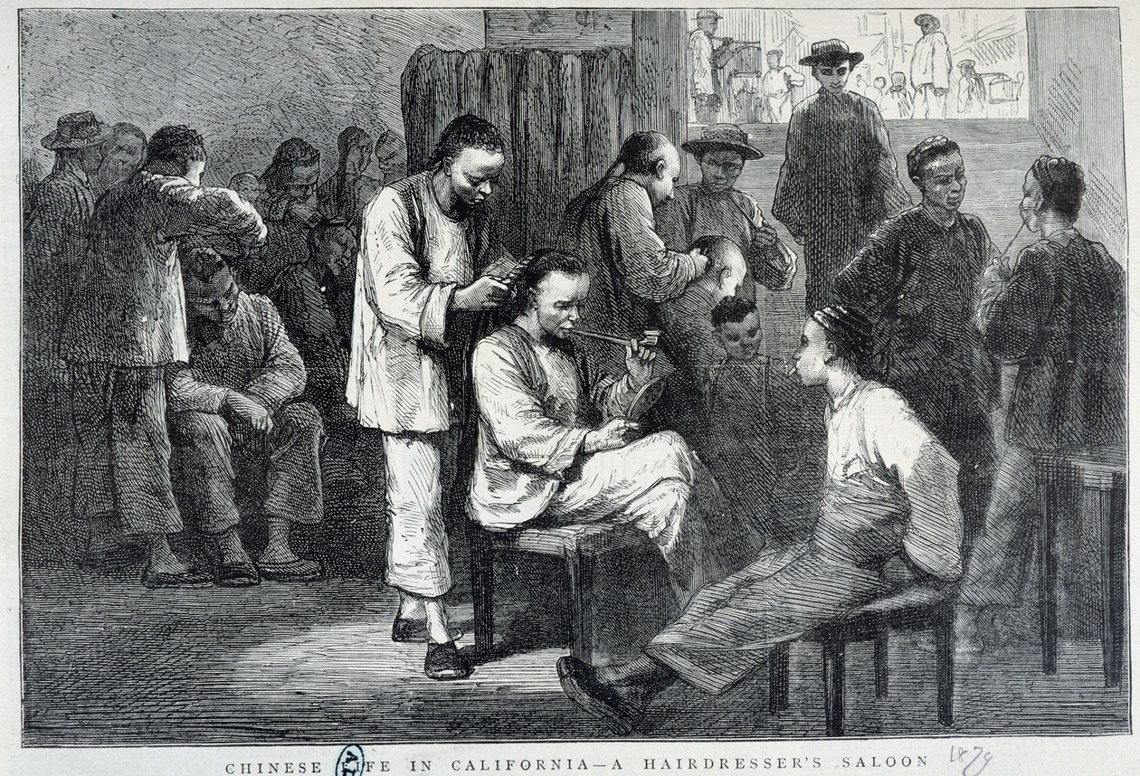 Kapsalon in de Chinese gemeenschap van Californië - gravure door Unknown artist