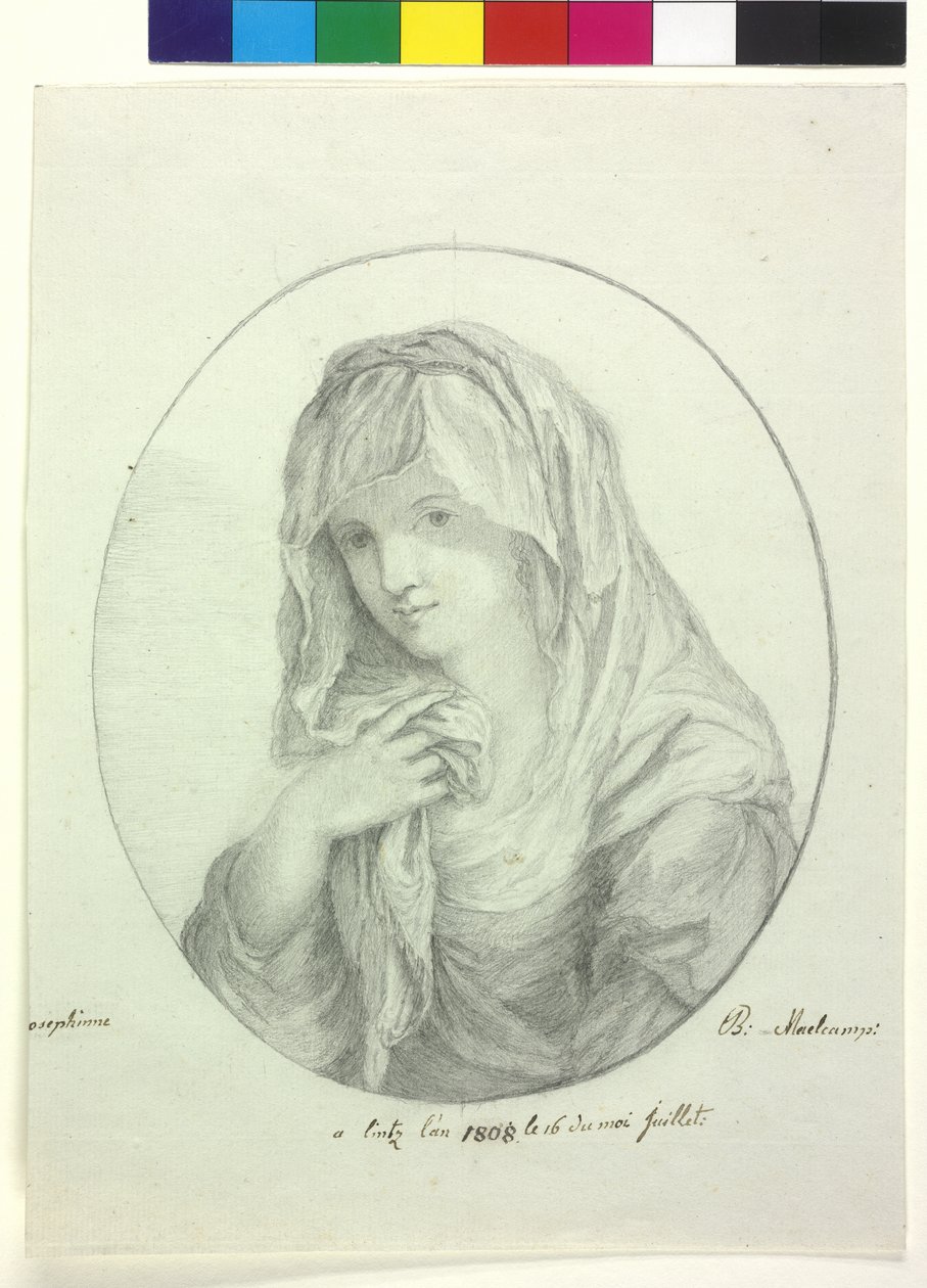 Halflengte van een jonge vrouw met doek om het hoofd Dame met sluier vestalin door Unknown artist