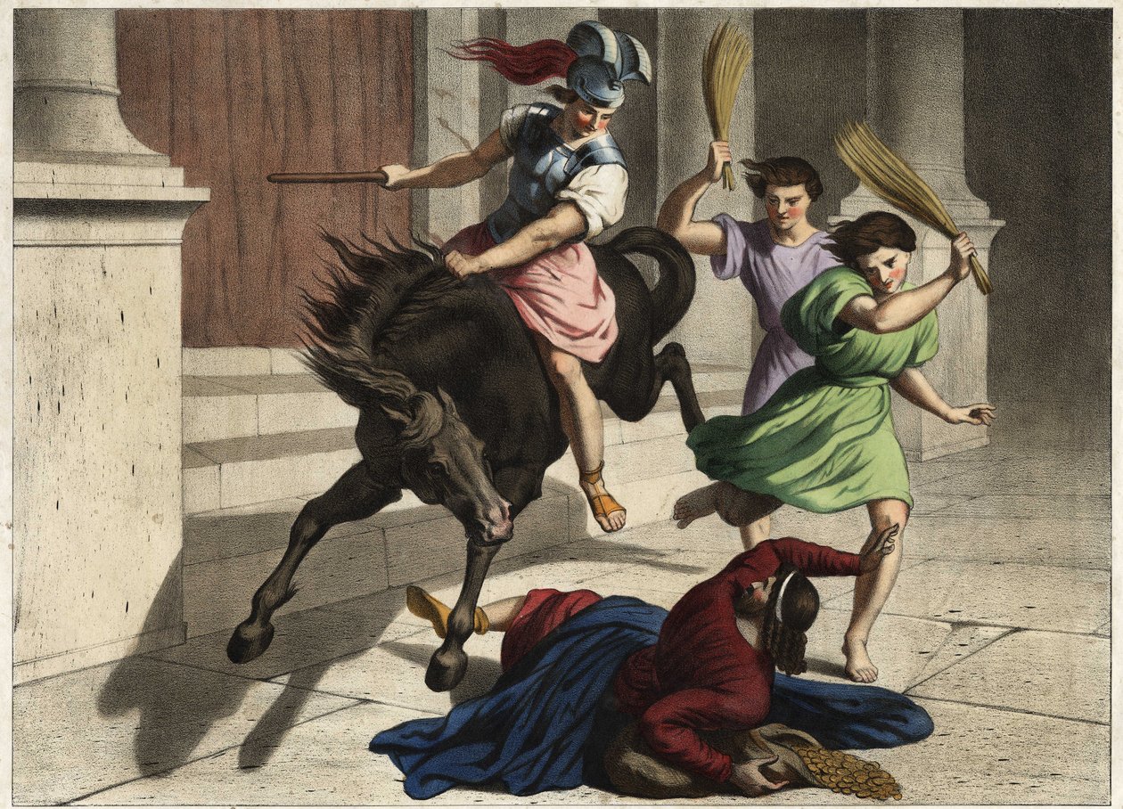 Heliodore (Heliodoros) werd uit de tempel verdreven: op bevel van zijn heerser probeerde hij tevergeefs de schatten van de tempel van Jeruzalem in beslag te nemen. Anonieme gravure uit het midden van de 19e eeuw. door Unknown artist