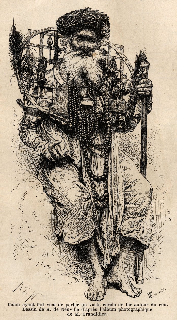 Hindoe die gezworen heeft een grote ijzeren cirkel om zijn nek te dragen. Gravure ter illustratie van de reis in de zuidelijke provincies van India, door Alfred Grandidier, in 1862-1864, gepubliceerd in 