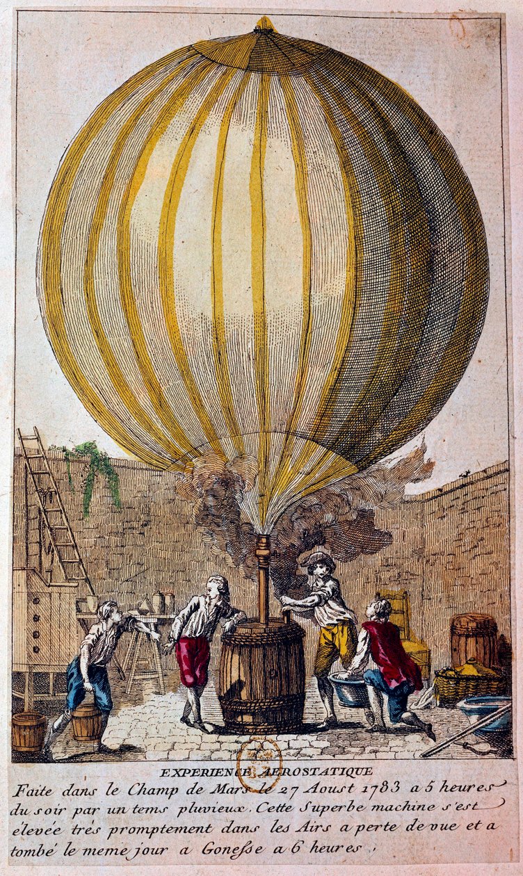 Geschiedenis van ballonnen: aerostatische ervaring uitgevoerd op het Champ de Mars in Parijs op 27 augustus 1783: de ballon wordt gevuld met waterstofgas door Jacques Charles. Gravure uit de 18e eeuw. Parijs, B.N. door Unknown artist