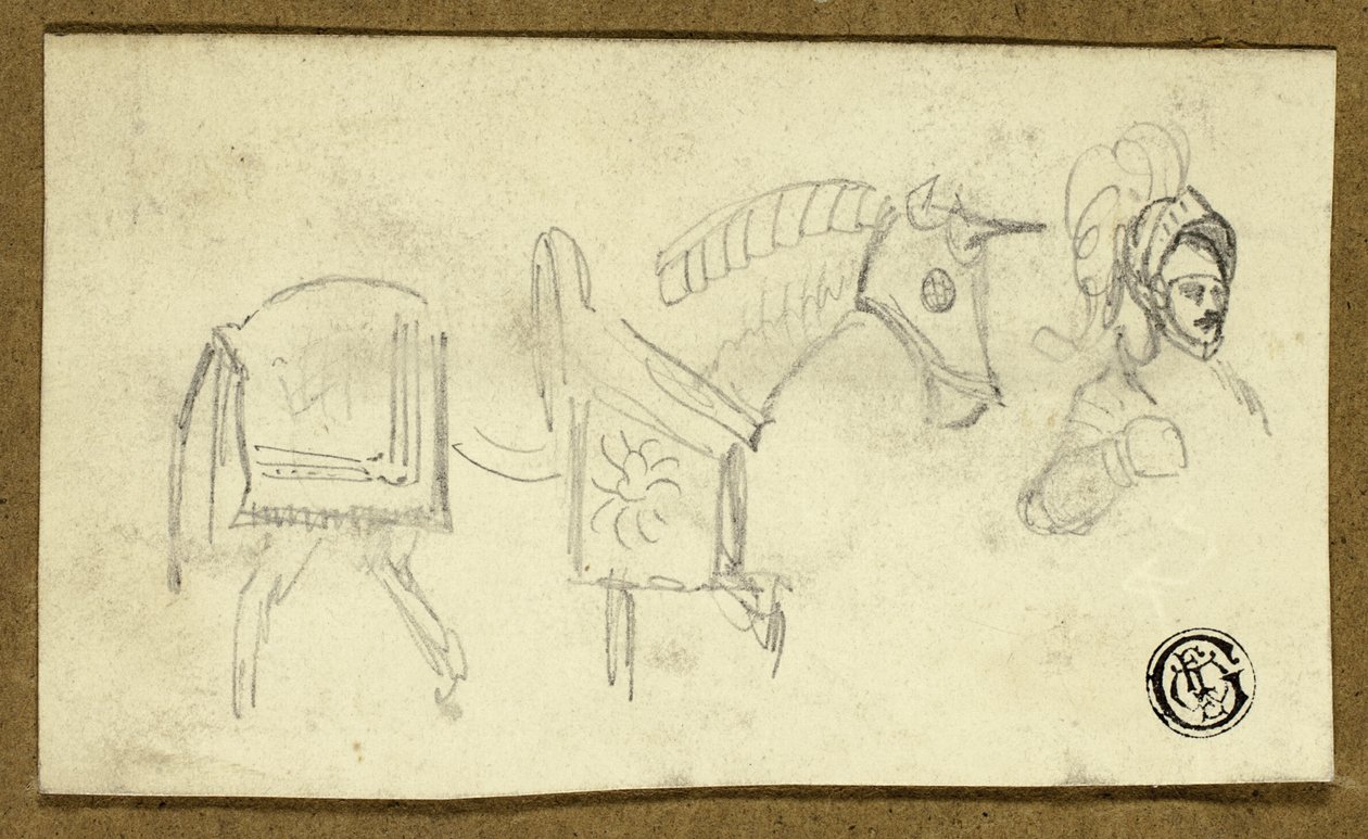 Paard en man in harnas door Unknown artist