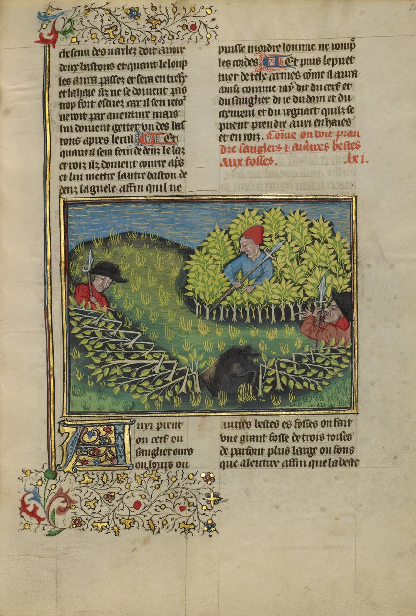 Jagers drijven een wild zwijn in een kuil door Unknown artist