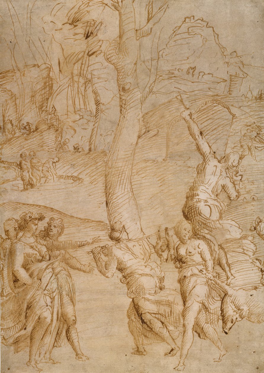 Jachttafereel (recto); twee studies van een paar liggende riviergoden (), een Sarcofaag-voorzijde () verso door Unknown artist