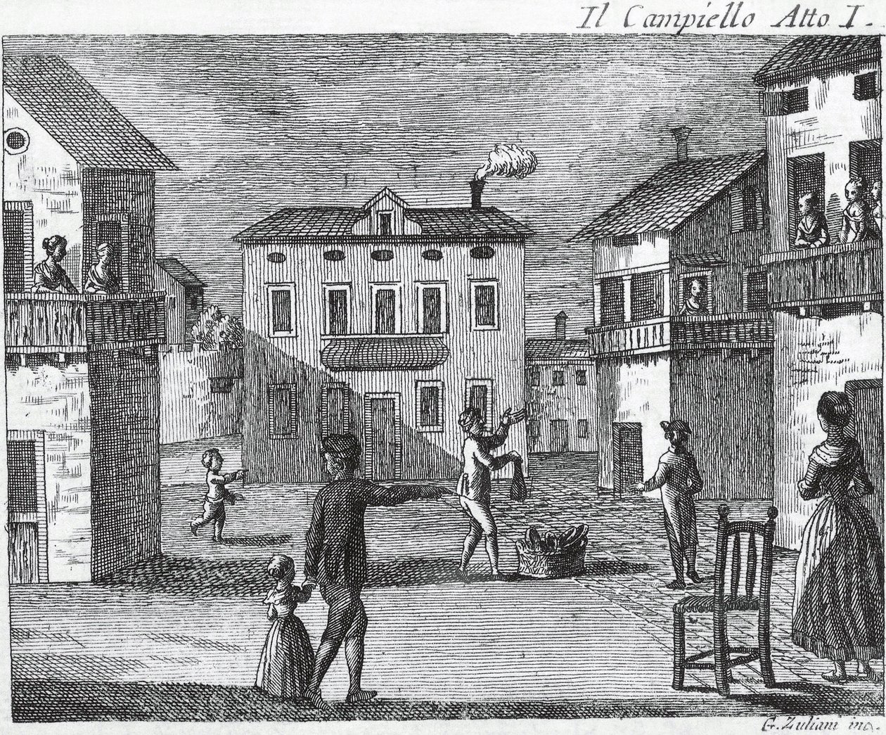 Il Campiello Act I - Carlo Goldoni (1707-1793) - Gravure uit de 18e eeuw door Unknown artist