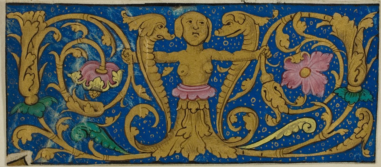 Verluchte rand met grotesken en bloemen uit een manuscript door Unknown artist