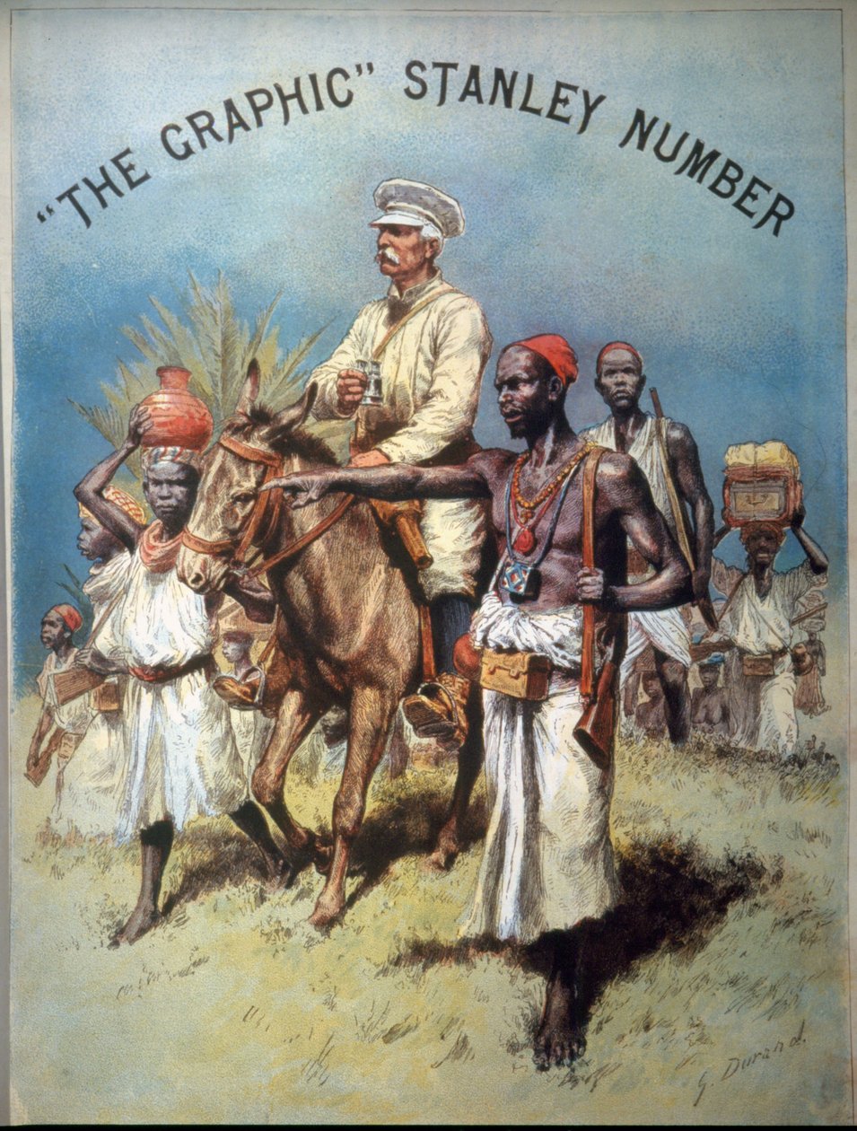 Illustratie die ontdekkingsreiziger en journalist Henry Morton Stanley (1841-1904) tijdens een van zijn expedities afbeeldt. Chromolithografie door Unknown artist
