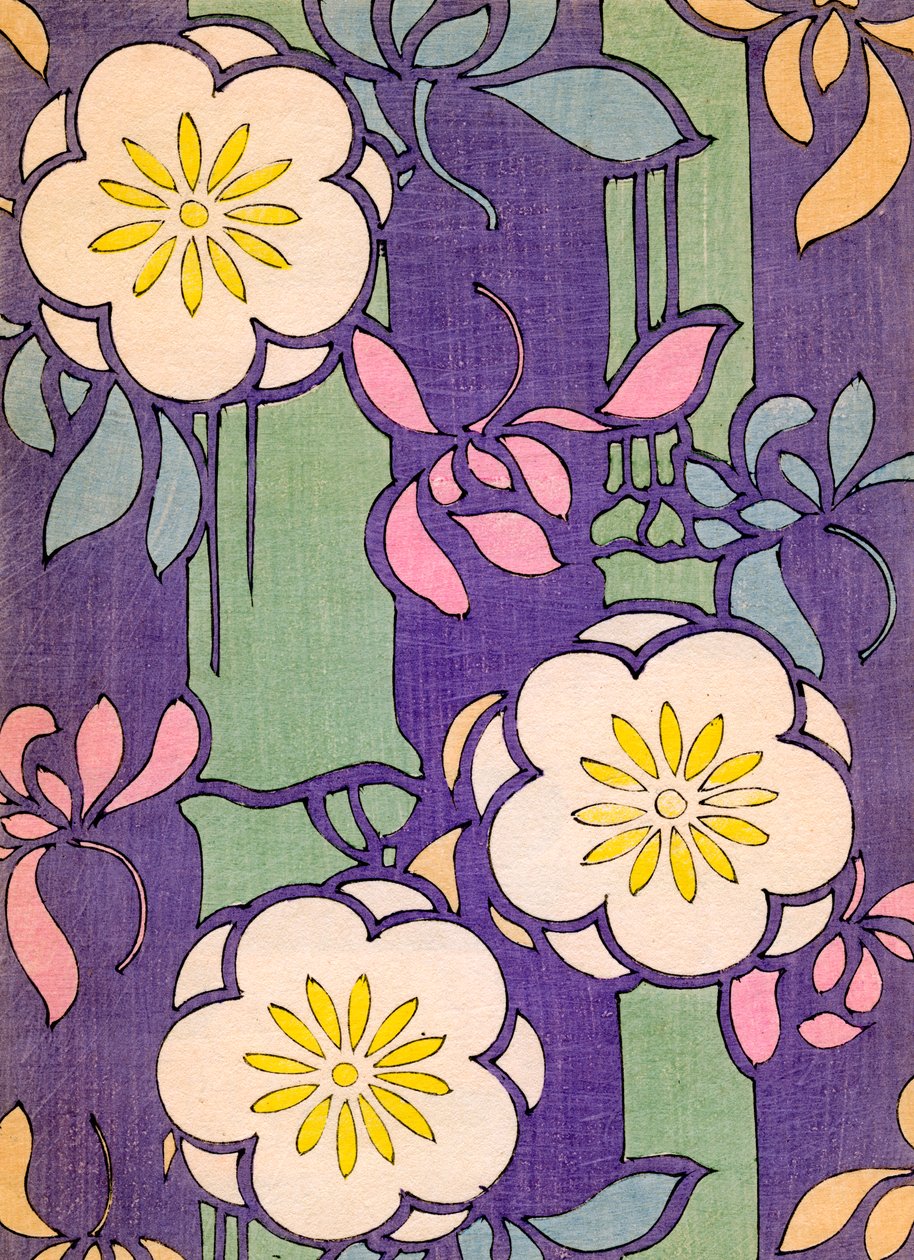 Illustratie van bloemen op een lavendel en groene achtergrond door Unknown artist