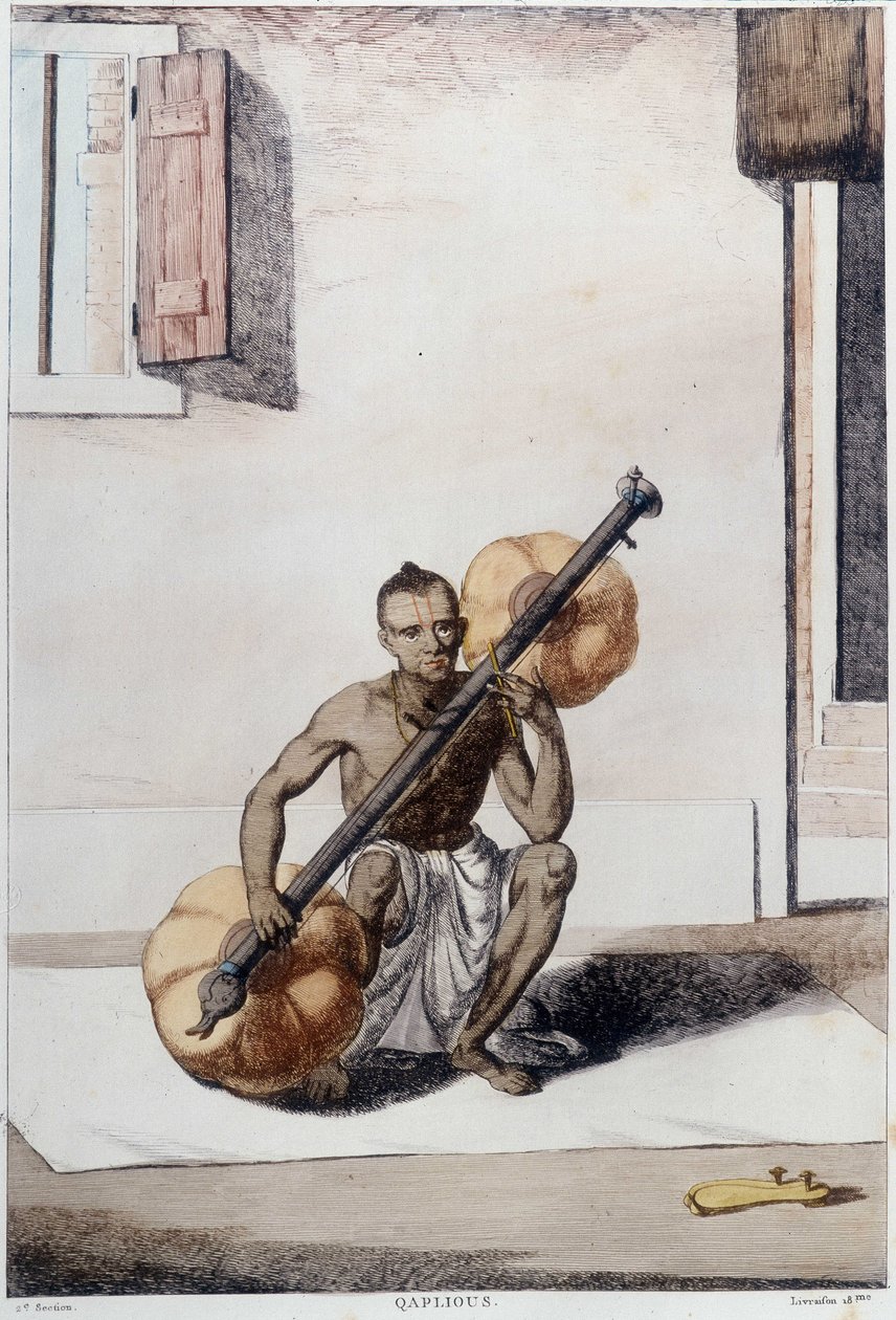 Indiase cultuur, beschaving en samenleving: muzikant met traditioneel Indiaas snaarinstrument. Gravure uit 1808. door Unknown artist