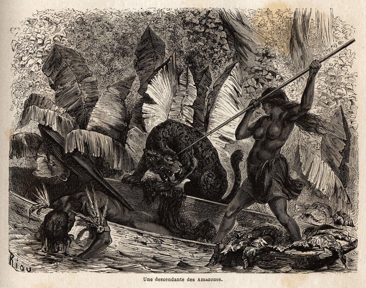 Indiase Ticuna (Peru) die met een speer een tijger aanvalt die net in zijn kano is gesprongen en zijn metgezel heeft verwond. De Ticuna