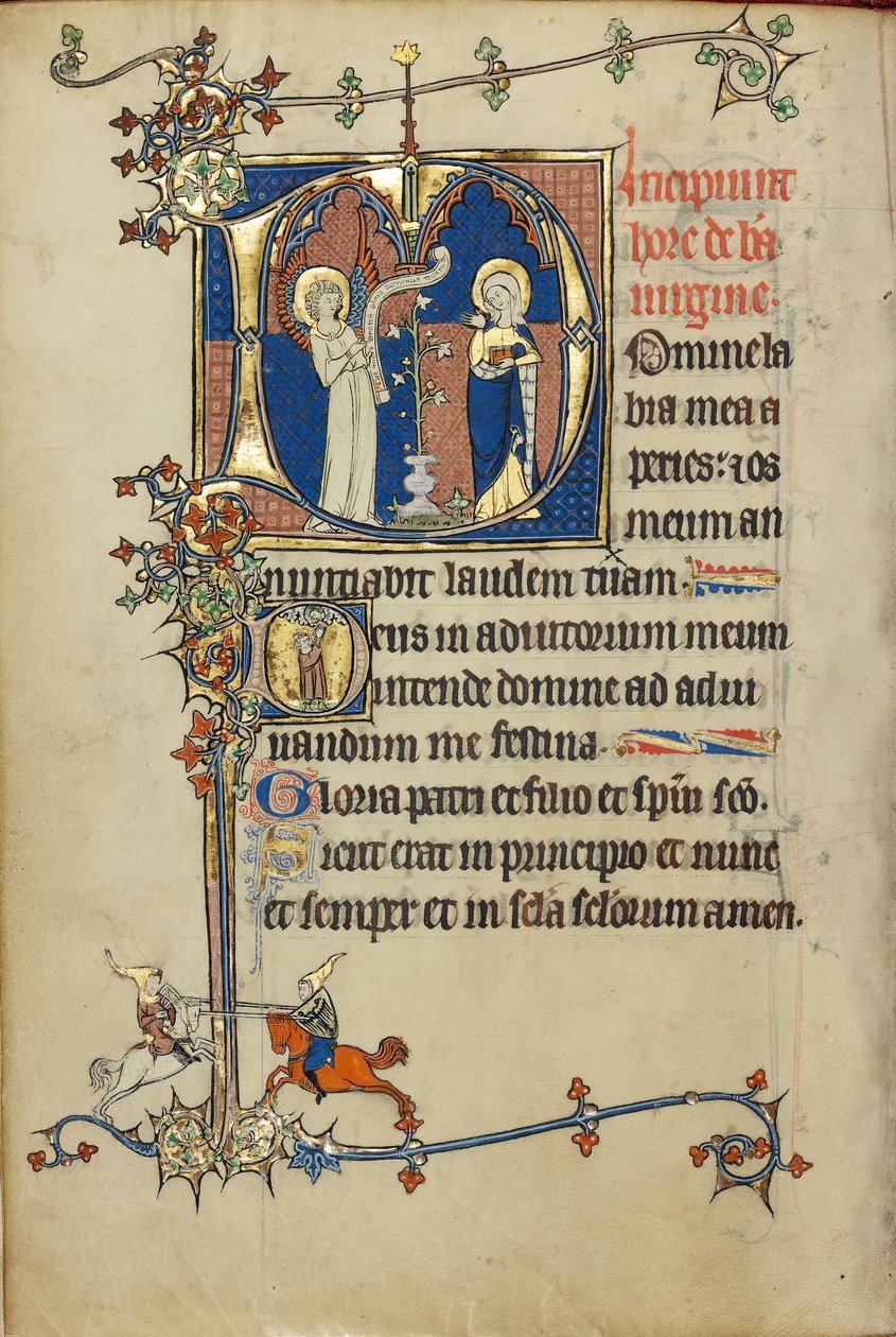 Beginletter D: De Aankondiging; initiaal D: Een jonge man bidt tot Christus in de wolken door Unknown artist