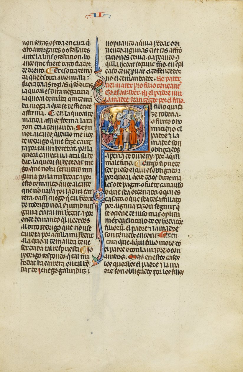 Initial E: De zoon van een familie geleid door soldaten voor een koning door Unknown artist