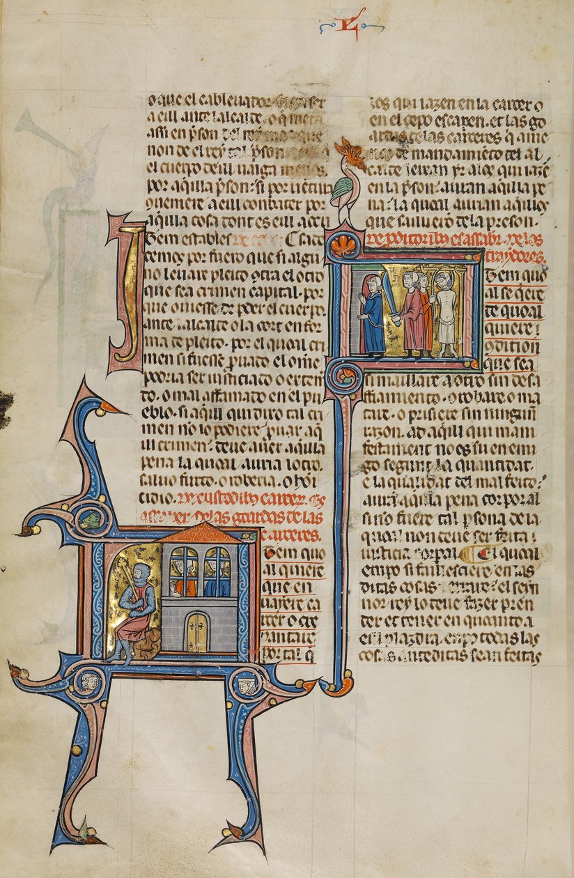 Initial I: Twee mannen in de gevangenis; Initial I: Twee mannen doden twee andere mannen met een zwaard en door ophanging door Unknown artist