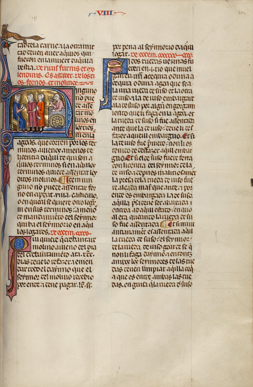 Initial N: Twee mannen voor een rechter terwijl een derde man een molen bouwt door Unknown artist