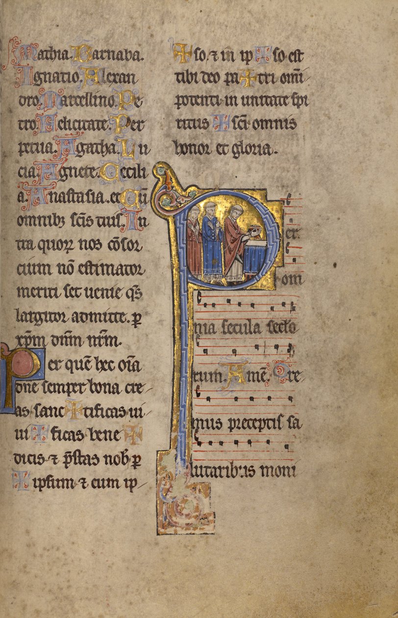 Beginletter P: Een priester en twee diakens voor een altaar door Unknown artist