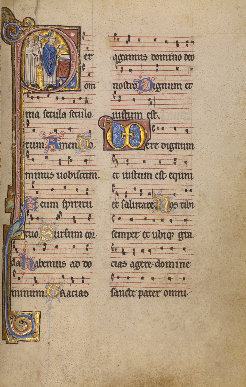 Beginletter P: Een priester en een bediende voor een altaar door Unknown artist