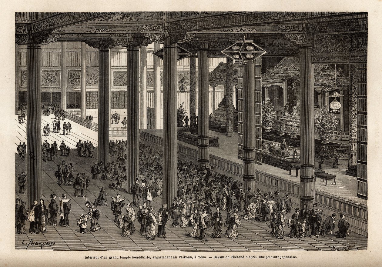 Interieur van een grote boeddhistische tempel in Yedo door Unknown artist