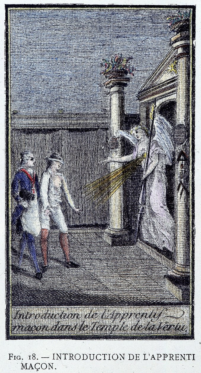 Introductie van de leerling metselaar - uit een gravure uit de "Kostbare Collectie van de Adonhiramite Metselarij" door een ridder van alle vrijmetselaarsorden door Unknown artist