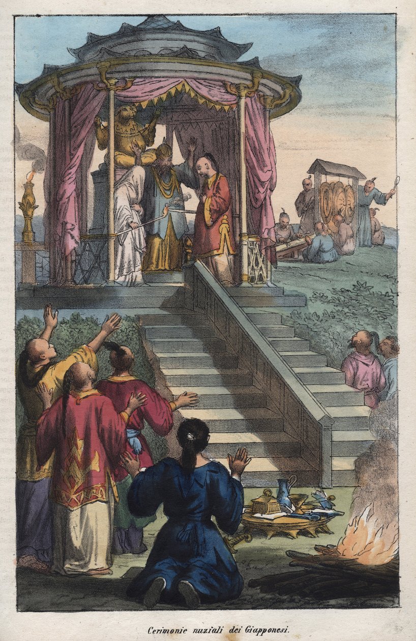 Japanse huwelijken - Huwelijksceremonie van de Japanners - gravure uit 